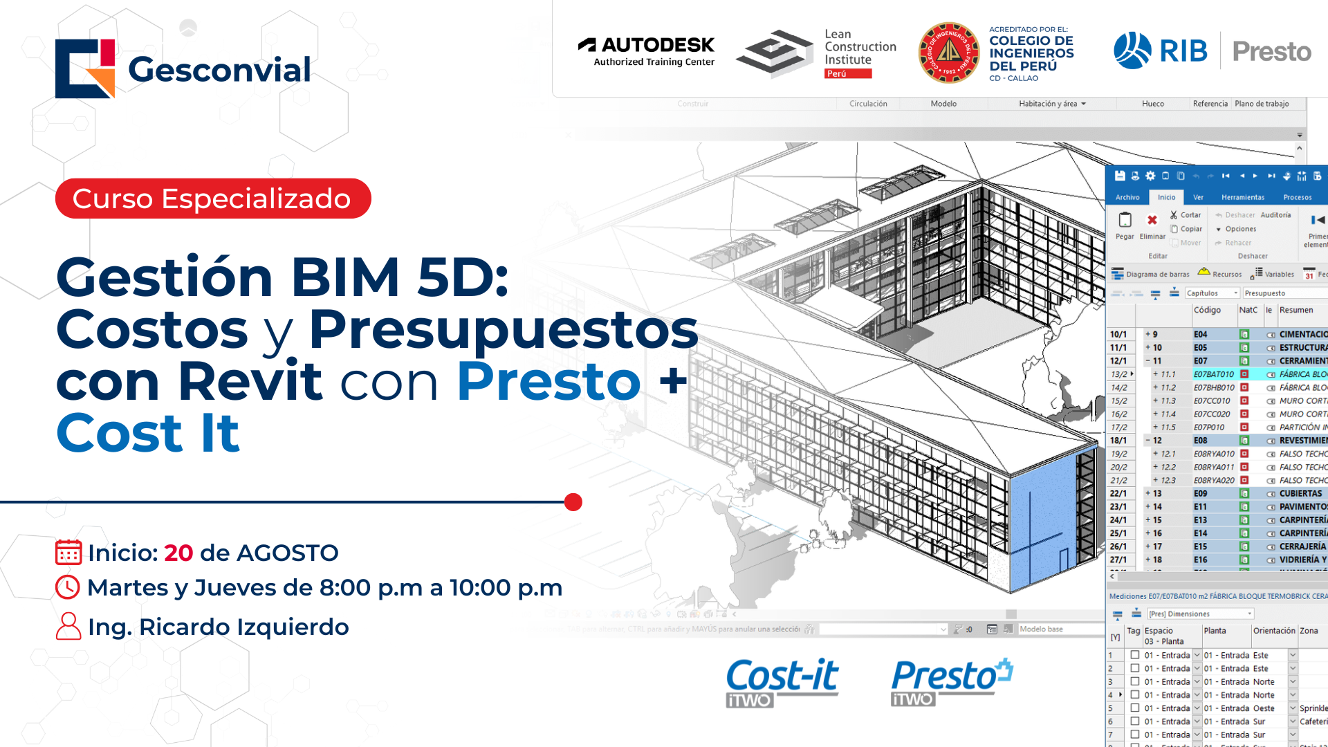 Gestión BIM 5D: Costos y Presupuestos con Revit, Presto + Cost It